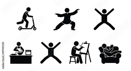 Minimalist stick figure people icons set, black silhouette hobby and lifestyle activities, vector collection of human figures in various poses