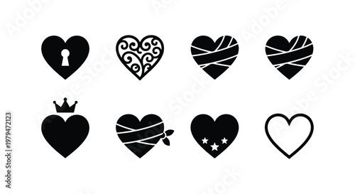 Black heart icon set with 8 unique vector elements, romantic silhouette heart symbols with crown and bandage, decorative love shapes for graphic design