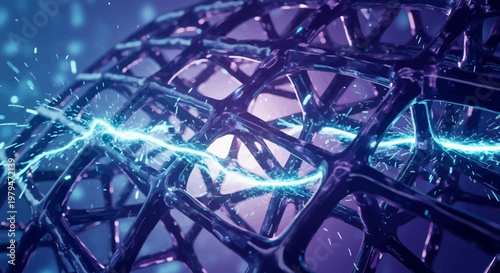 Abstract futuristic lattice structure with glowing blue energy flowing through a complex network, representing technology and data transfer.
