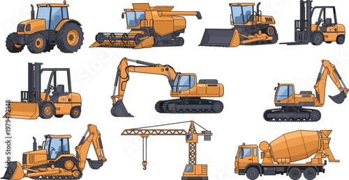 Construction Heavy Equipment Illustration Set Featuring Tractor, Excavator, Bulldozer, Harvester and Forklift Machines in Flat Industrial Vector Style