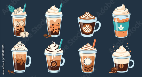 Assorted collection of cold and hot coffee beverages including iced coffee, latte, mocha, and bubble tea served in various cup styles.