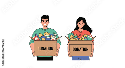 Volunteers holding large donation boxes filled with various food products and household items to help people in their local community.