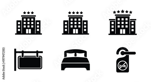 Hotel service icon set with building star ratings, black silhouette hospitality symbols, travel and accommodation vector elements for UI design