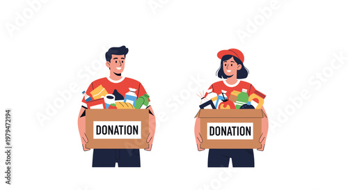 Charity and volunteering concept featuring a man and woman holding boxes filled with donated food and supplies for a local community.