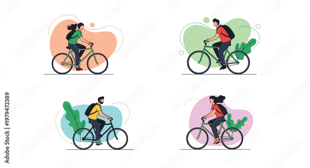 Obraz premium Group of diverse people enjoying an outdoor physical activity by riding their bicycles in a healthy and eco-friendly city lifestyle.