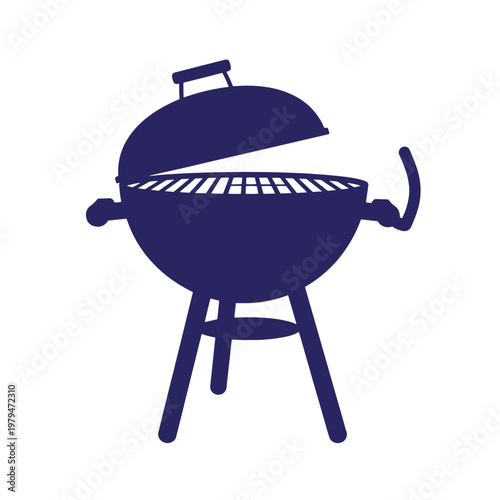 Dark blue silhouette of a barbecue grill with lid open