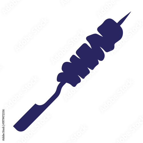 Dark blue silhouette of a skewer with meat, on a white background