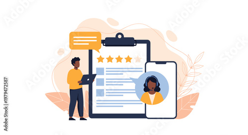 Customer satisfaction and service quality concept with a man reviewing feedback ratings and talking to support on his mobile phone.