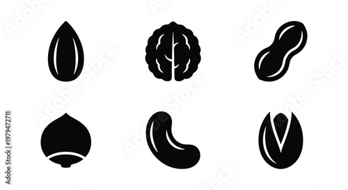 Minimalist nut icon set with 6 black vector elements, organic food silhouettes including almond, walnut, peanut, hazelnut, cashew and pistachio