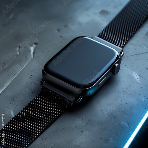 Sleek Black Smartwatch with Milanese Loop on Concrete Surface