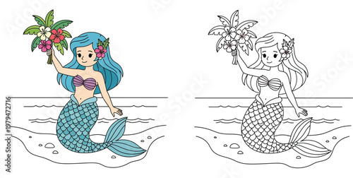 Foto Little Mermaid with Tropical Flowers on Beach Coloring Page and Color Illustrati