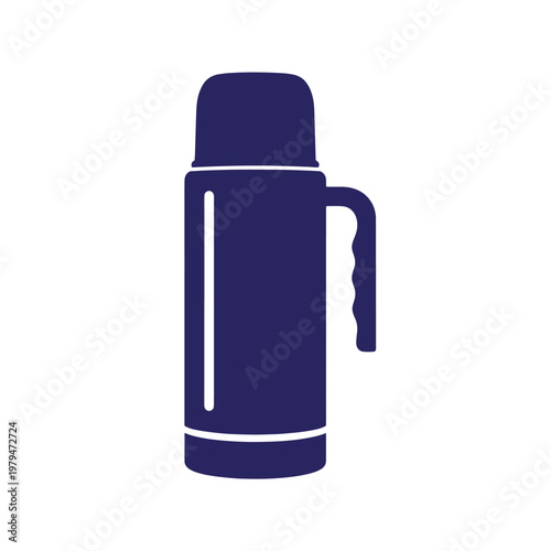 Dark blue thermos bottle with handle and white accents white background
