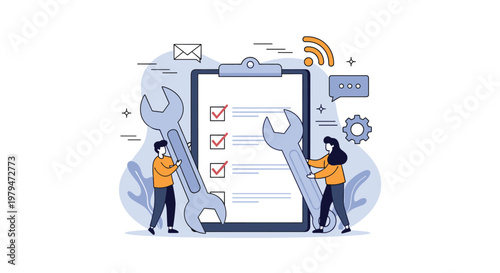 Service and maintenance concept showing technicians with giant wrenches working together on a large checklist for industrial quality control.