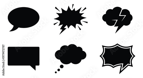 Comic speech bubble set with 6 black silhouettes, pop art thought clouds and scream boxes, flat vector chat icons for social media and storytelling