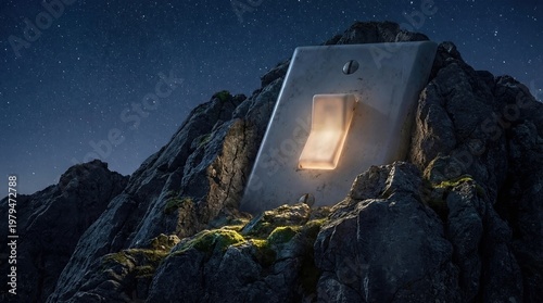 Glowing Light Switch Embedded in Rocky Mountain Cliff Under Starry Night Sky