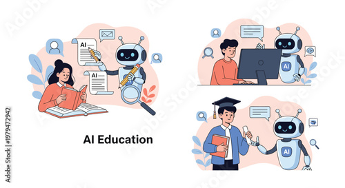 Artificial intelligence in education concept illustrating robots helping various students with learning, graduation, and technical tasks.
