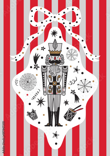 Christmas illustration of the Nutcracker in a decorative frame. Cute Christmas vector card. 
Interior poster. 