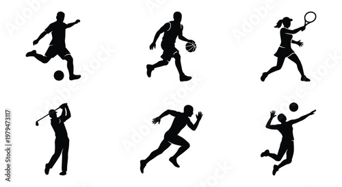 Athletic sports silhouettes set, 6 vector icons of athletes playing soccer basketball tennis golf running and volleyball, black active people figures