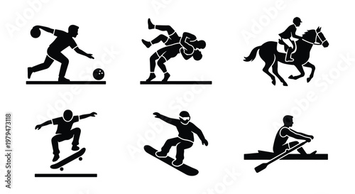 Black sport icons set, athletic competition silhouettes, collection of 6 vector pictograms featuring bowling, wrestling, equestrian, skating, snowboarding, and rowing