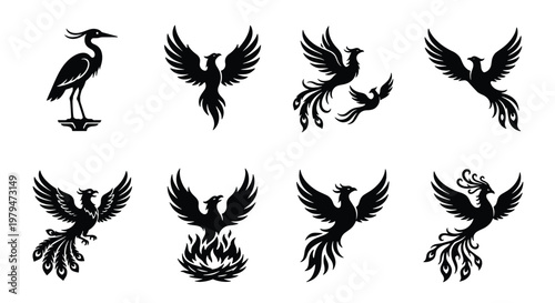 Mythical phoenix bird silhouettes set, black firebird icons with spread wings, 8 vector elements of legendary birds and heron for logo design