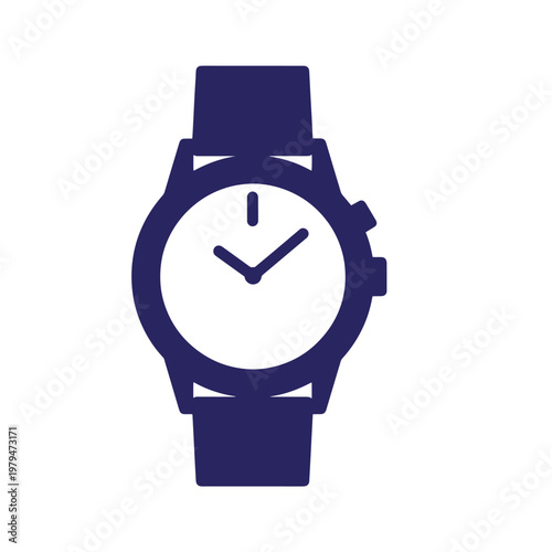 Dark blue watch with white face, simple hands on white background, clock time navy blue