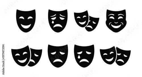 Theater mask icons set, comedy and tragedy drama symbols, black silhouette theatrical face vectors for stage performance and acting arts