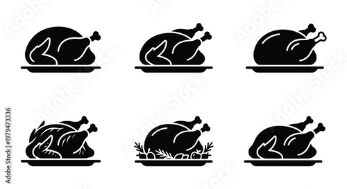 Roasted turkey icons set, black silhouette of cooked chicken on platter, 6 holiday dinner vector elements for Thanksgiving and Christmas menus