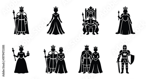 Medieval royal family silhouette icons, black king and queen vector set, monarch characters with crown and scepter, knight in armor illustration