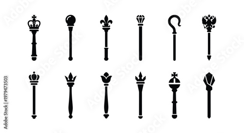 Royal scepter icons set, black silhouette of 12 king and queen maces, medieval monarchy regalia symbols, heraldic wand vector elements