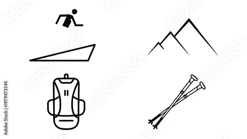 Mountaineering Iconography: A minimalist monochrome composition presents essential icons representing the thrill of mountaineering. The set includes a figure navigating an incline, mountains.
