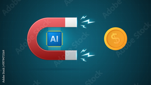 Magnet with an artificial intelligence processor attracts money for investment in its development against a technological backdrop. Vector 3D illustration.