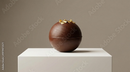 A chocolate dessert with gold toppings sits on a white pedestal indoors.