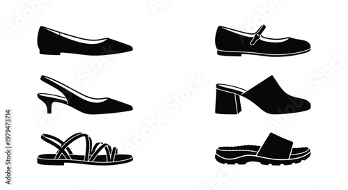 Minimalist women shoes icon set, black silhouette footwear collection of 6 vector elements, flat fashion shoes and summer sandals for retail design