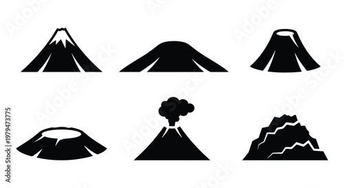 Minimalist volcano icon set, black silhouette mountain peaks and erupting craters, 6 vector elements for geological maps and outdoor branding