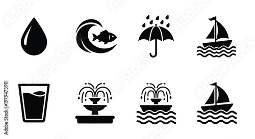 Water and marine icon set with 8 black vector elements, liquid drop and ocean wave symbols, fountain and sailboat silhouettes for web design