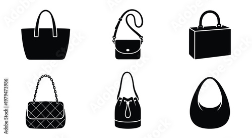 Minimalist handbag icon set, 6 black vector fashion bag silhouettes, modern female accessories collection for retail and web design