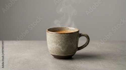 Steaming coffee mug on table indoors with smoke rising