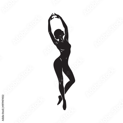 A bold black silhouette of a graceful female dancer standing on tiptoe with arms raised above her head, isolated on a clean white background
