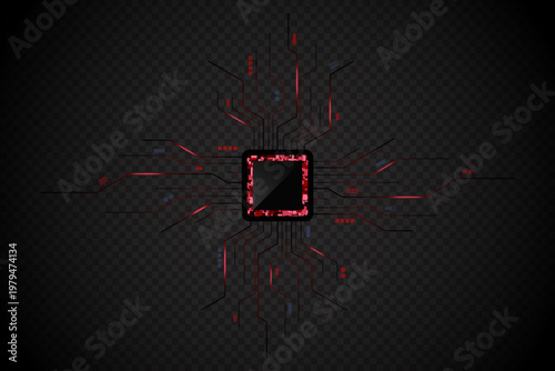 AI chip with circuit contact lines. Artificial intelligence circuit line. AI processor. Semiconductor on a board. Machine learning design