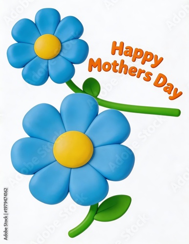 Illustration of two blue flowers with yellow centers and green stems, labeled 'Happy Mothers Day' in orange text. Suitable for Mother's Day greeting cards.