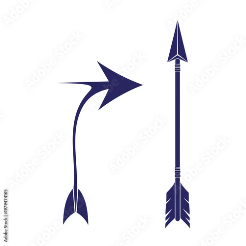 Two dark blue arrows, one bent and one straight, on white background, bent arrow straight arrow