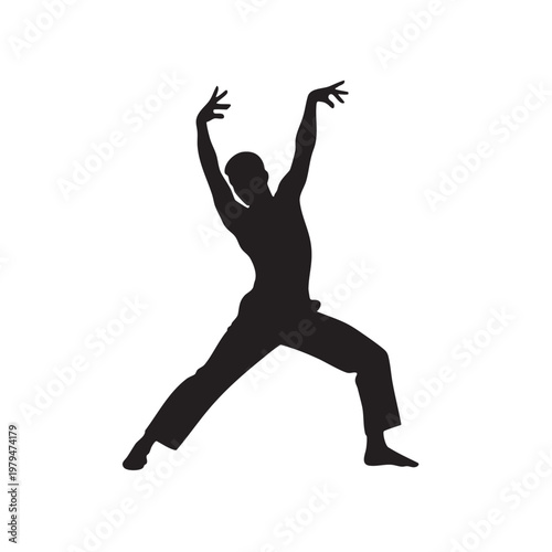 A bold black silhouette of a person performing a graceful dance move with arms raised isolated on a clean white background, full body view