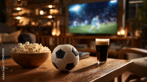 Soccer Ball Snacks and Drink on Table Watching Football Match on Television