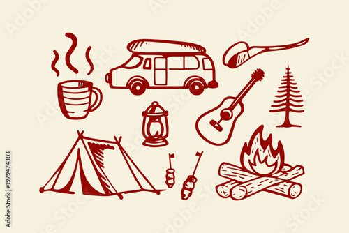 Camping and outdoor adventure doodle elements with hand drawn design element line art campfire adventure illustration isolated background minimalist stylized freehand collection