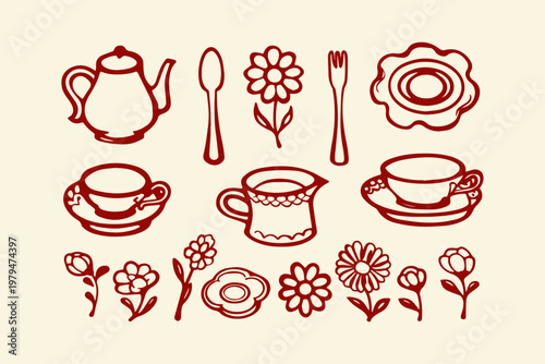 Tea time and floral elements hand drawn doodle style with design element line art illustration botanical isolated background minimalist stylized freehand collection naturalistic