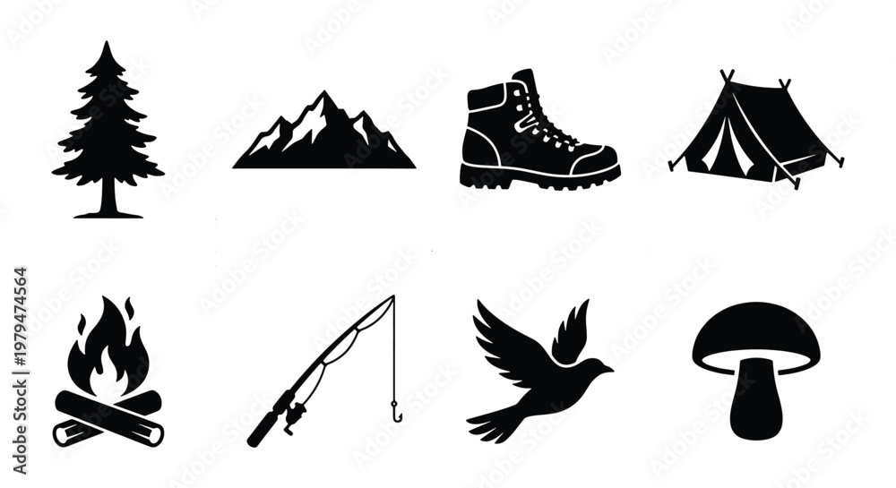 Fototapeta premium Outdoor camping icons set, black silhouette adventure symbols, 8 nature vector elements for hiking and forest exploration graphics