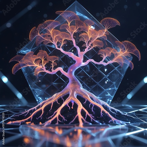 Glowing Tree with Orange Leaves and Pink Branches in Front of a Transparent Geometric Prism on a Dark Background with Blue Lights
