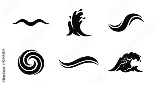 Minimalist ocean wave icons set, black sea surf silhouettes, 6 vector water splash elements for logo design and nautical branding