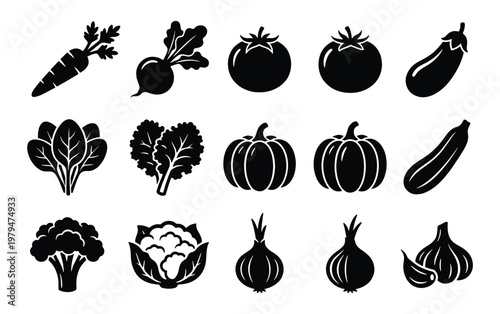 Black vegetable icons set, flat vector collection of 15 organic food symbols, minimalist garden produce illustrations for grocery and menu design