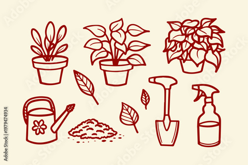 Drawn gardening tools and plants with watering can potted plant flower pot green thumb plant care vegetable garden herb garden hand drawn home gardening plant life gardening